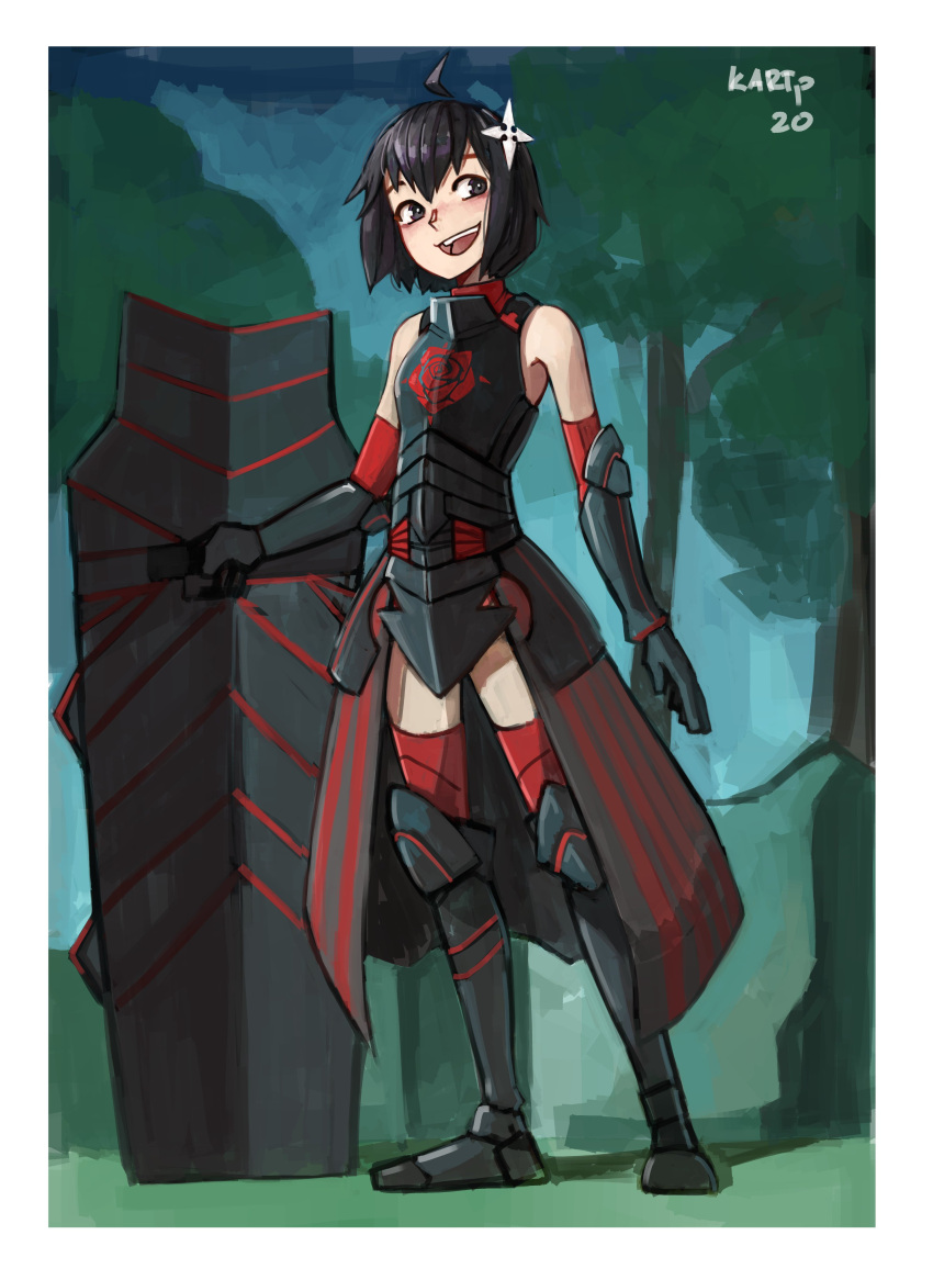 1girl absurdres ahoge armor armored_boots armored_skirt armpits artist_name bare_shoulders black_armor black_eyes black_hair blush bob_cut boots breastplate breasts bright_pupils commentary dated english_commentary foliage forest full_body gauntlets hair_between_eyes hair_ornament highres holding holding_shield itai_no_wa_iya_nano_de_bougyoryoku_ni_kyokufuri_shitai_to_omoimasu kart_prowler looking_to_the_side maple_(bofuri) nature open_mouth red_sleeves red_thighhighs shield short_hair shuriken_hair_ornament signature small_breasts smile solo standing thighhighs tower_shield tree white_pupils zettai_ryouiki