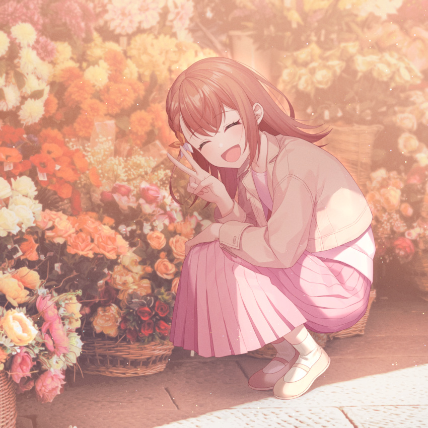 1girl ^_^ anemone_(flower) ankle_socks baby's-breath basket blurry blurry_background bow braid brown_hair carnation closed_eyes commentary cropped_jacket dot_nose eyelashes facing_viewer flat_chest floor flower flower_request full_body grey_footwear hair_behind_ear hair_bow hanasato_minori hand_on_own_knee hand_up happy jacket jenevan kneeling lapels light_particles limited_palette long_skirt mary_janes medium_hair open_mouth orange_bow orange_flower orange_rose orange_theme outdoors photo_background pink_carnation pink_flower pink_rose pink_skirt pink_theme pleated_skirt price_tag project_sekai purple_flower red_flower red_rose rose shade shirt shoes sidelighting skirt socks solo stone_floor sunlight swept_bangs symbol-only_commentary too_many too_many_flowers two-tone_bow v watering_can white_bow white_carnation white_flower white_jacket white_rose white_shirt white_socks yellow_flower