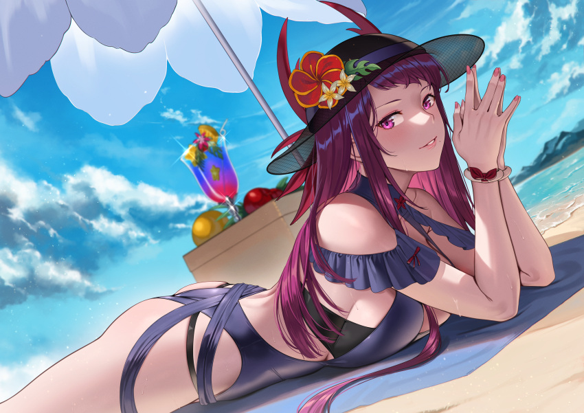 1girl absurdres ass bare_arms beach beach_umbrella blue_one-piece_swimsuit breast_press breasts commission commissioner_upload deras drink fire_emblem fire_emblem_engage fire_emblem_heroes flower frills from_side hat hat_flower highres ivy_(fire_emblem) ivy_(summer)_(fire_emblem) large_breasts long_hair looking_at_viewer lying nail_polish non-web_source ocean official_alternate_costume on_stomach one-piece_swimsuit outdoors own_hands_together pink_eyes pink_nails purple_hair see-through solo sun_hat swimsuit the_pose towel umbrella