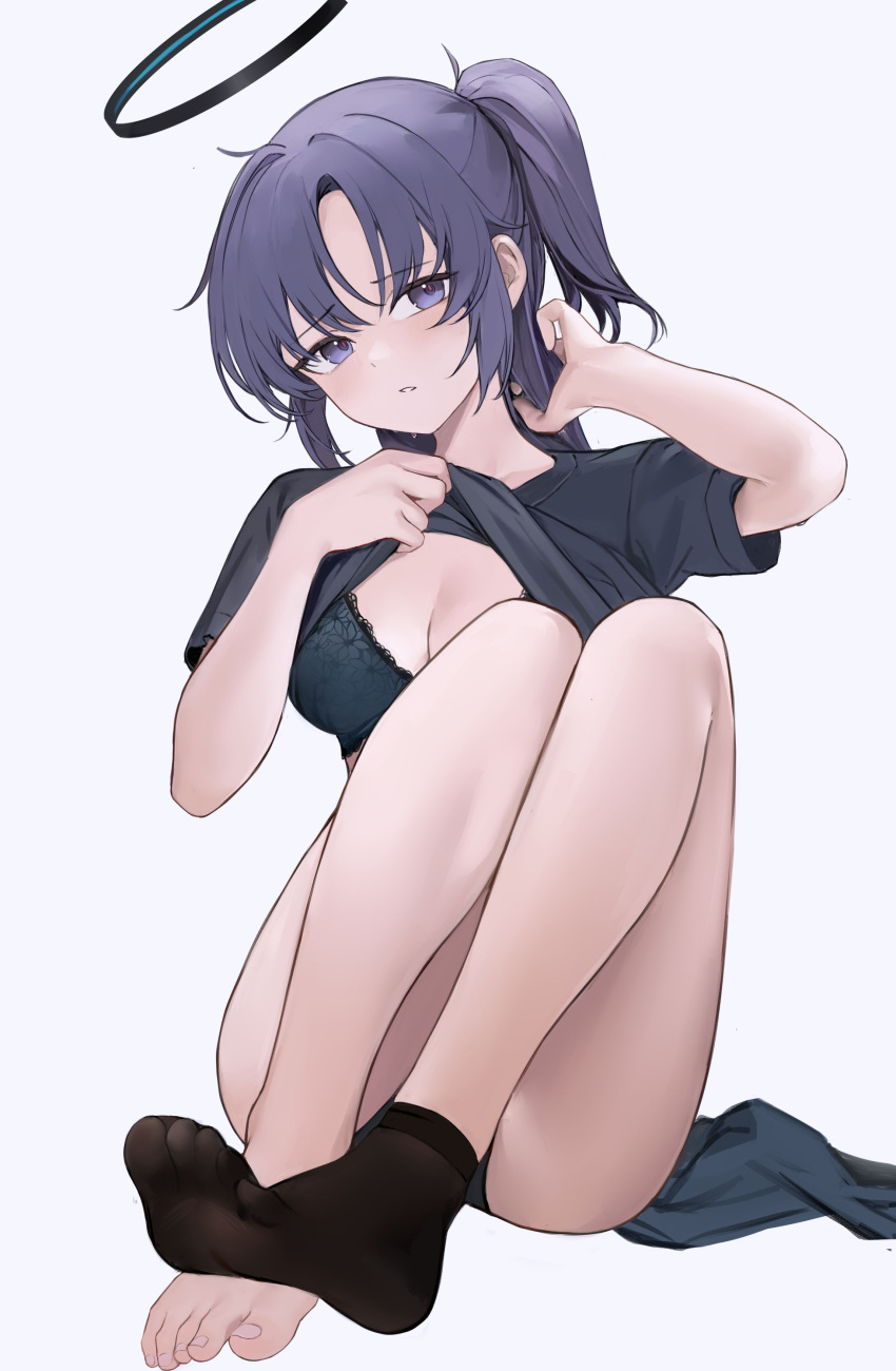 1girl absurdres bare_legs barefoot black_shirt black_socks blue_archive blue_bra bra breasts cleavage clothes_lift commentary_request full_body halo highres holding holding_hair knees_up lifted_by_self looking_at_viewer nagata_gata parted_lips purple_eyes purple_hair shirt shirt_lift short_sleeves simple_background single_sock sitting socks solo underwear white_background yuuka_(blue_archive)