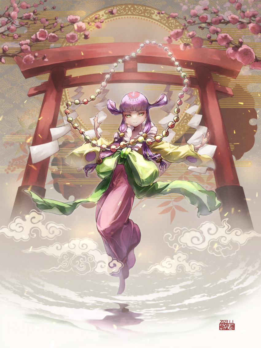 1girl absurdres closed_mouth cone_hair_bun dress erinoshin full_body hair_bun hair_ornament highres japanese_clothes long_hair looking_at_viewer princess_rei purple_hair romancing_saga_re;universe saga saga_frontier solo wide_sleeves