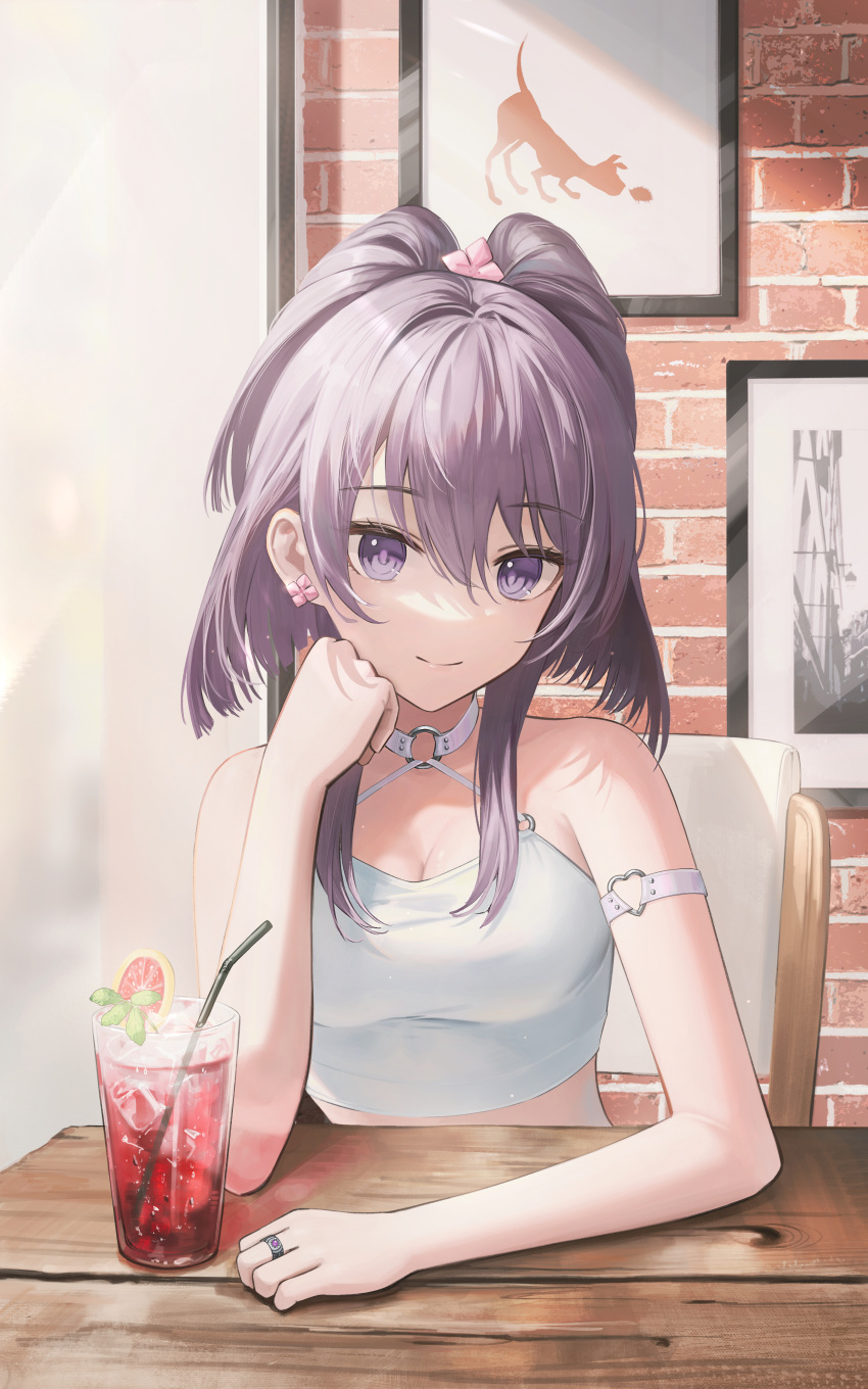 1girl absurdres aika_himena alternate_costume arm_strap bare_arms bare_shoulders breasts choker cleavage closed_mouth commission crop_top cup drinking_glass drinking_straw earrings flippy_(cripine111) halterneck hand_up head_rest highres jewelry long_hair looking_at_viewer magia_record:_mahou_shoujo_madoka_magica_gaiden mahou_shoujo_madoka_magica medium_breasts midriff pixiv_commission ponytail purple_eyes purple_hair shirt sitting smile solo spaghetti_strap table white_choker white_shirt