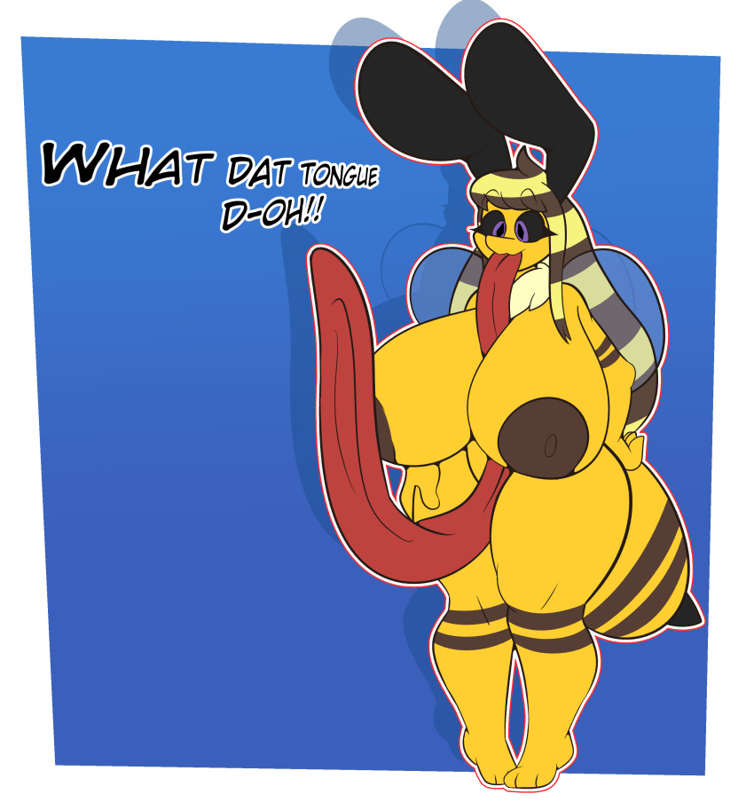 2022 absurd_res antennae_(anatomy) anthro areola arthropod arthropod_abdomen bee bie_(beefuccer) big_breasts big_butt black_sclera blonde_hair bottomwear breasts brown_hair butt clothing dialogue female fur hair hi_res huge_breasts huge_butt huge_thighs hymenopteran hyper hyper_breasts insect long_tongue multicolored_hair neck_tuft nipples nude purple_eyes simple_background smile solo standing striped_hair text thick_thighs tongue tongue_between_breasts tongue_out tuft wide_hips wings yellow_body zantanerz_(artist)