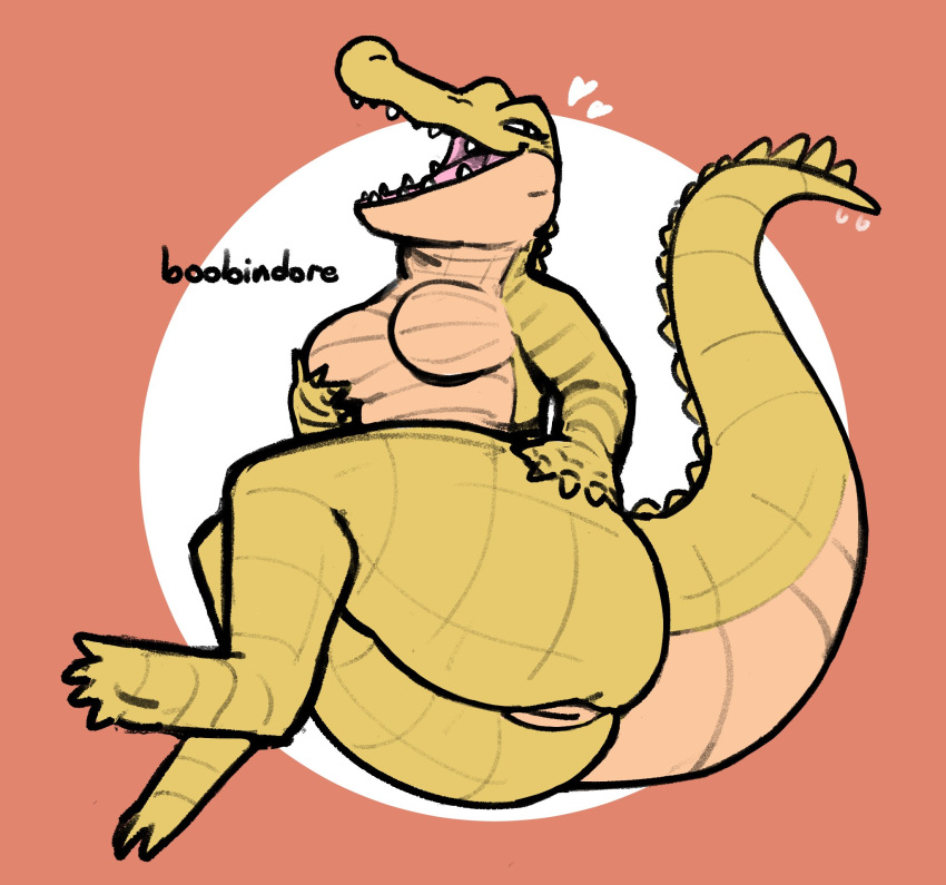 &lt;3 alligator alligatorid anthro big_butt breasts butt crocodilian dubindore featureless_breasts female genitals green_body green_scales hi_res non-mammal_breasts nude open_mouth presenting presenting_hindquarters pussy reptile scales scalie sharp_teeth smile solo tail teeth thick_tail thick_thighs
