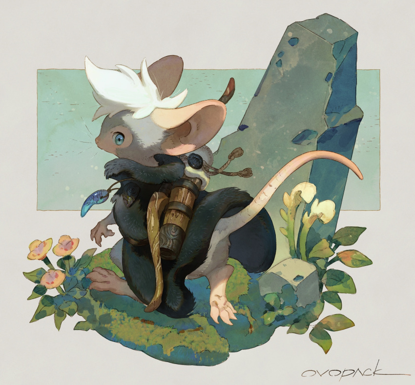 1boy absurdres artist_name barefoot black_coat blue_eyes bow coat flower fur_coat grey_fur highres jewelry looking_at_viewer magatama magatama_necklace mouse mouse_tail murayama_ryouta necklace on_grass original outdoors quiver tail walking weapon_behind_back white_hair