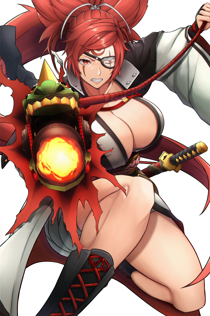 1girl absurdres amputee arm_cannon baiken bandages breasts cannon cleavage cleavage_cutout clenched_teeth clothing_cutout collarbone eyepatch facial_mark fire flame forehead_mark guilty_gear guilty_gear_strive highres huge_breasts japanese_clothes katana kimono kneeling large_breasts long_hair open_clothes open_kimono ponytail red_eyes red_hair rope scar scar_across_eye scar_on_face sheath sheathed solo souma_(so_u_maaaaa) sword teeth thighs weapon wide_sleeves