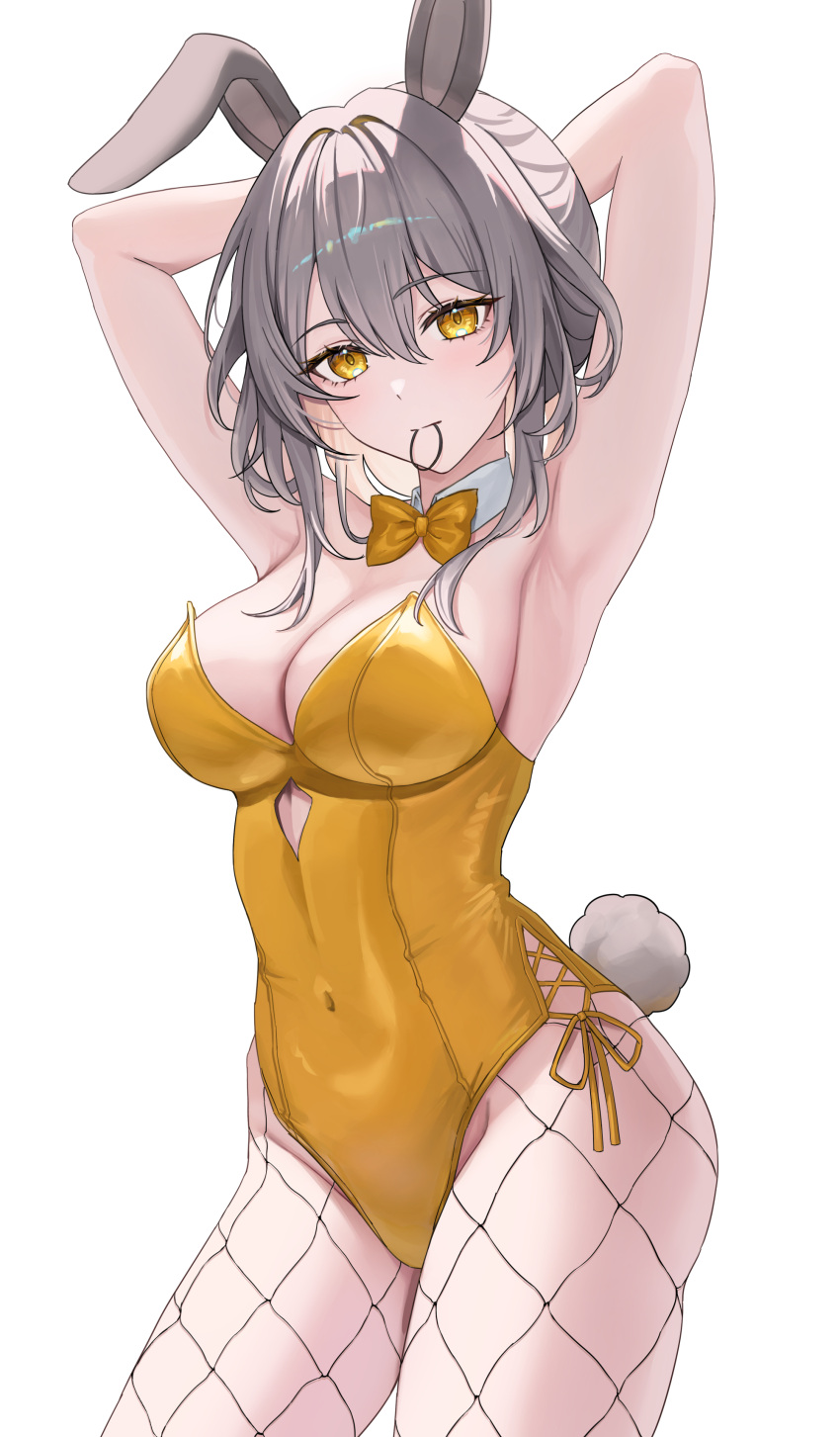 1girl absurdres animal_ears armpits arms_behind_head bow bowtie breasts commentary covered_navel cowboy_shot detached_collar fake_animal_ears fake_tail fishnet_pantyhose fishnets grey_hair hair_tie_in_mouth highres honkai:_star_rail honkai_(series) leotard long_hair looking_at_viewer medium_breasts mouth_hold pantyhose playboy_bunny rabbit_ears rabbit_tail sicle side-tie_leotard simple_background solo stelle_(honkai:_star_rail) strapless strapless_leotard tail trailblazer_(honkai:_star_rail) white_background yellow_bow yellow_bowtie yellow_eyes yellow_leotard