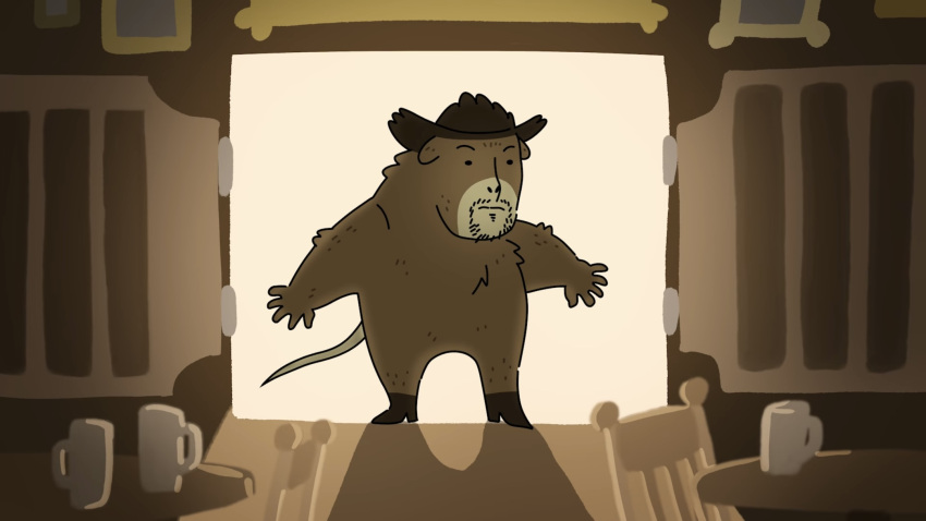 anthro boots chair clothing cowboy_hat cricetid detailed_background drawfee drawfee_(copyright) facial_hair footwear fur furniture hat headgear headwear hi_res jacob_andrews male mammal mug muskrat rodent solo table tail