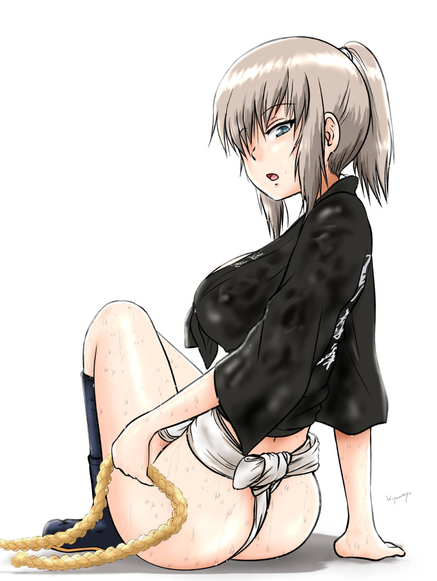 1girl ass blue_eyes blush breasts fundoshi girls_und_panzer highres hiyama_yuu_(wee259hiyama) itsumi_erika japanese_clothes large_breasts looking_at_viewer looking_back open_mouth ponytail rope shiny_skin simple_background sitting solo sweat white_background white_hair yamakasa