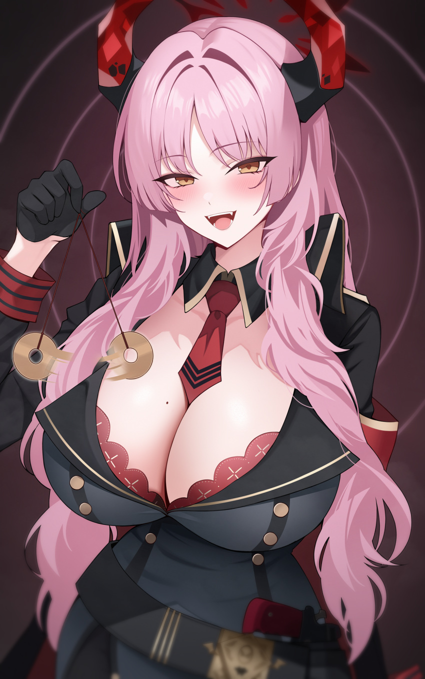 1girl belt black_gloves black_jacket blue_archive blush breasts coin coin_on_string demon_horns gloves gun hair_intakes halo highres holding_pendulum holed_coin horns jacket large_breasts looking_at_viewer military_jacket mole mole_on_breast necktie open_mouth pendulum pink_hair satsuki_(blue_archive) sidelocks smile solo sushimo weapon