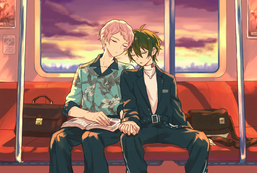 2boys absurdres bag belt belt_buckle black_belt black_pants book brown_bag buckle buttons closed_eyes commentary_request ensemble_stars! feet_out_of_frame floral_print green_hair hair_between_eyes highres holding_hands interlocked_fingers itsuki_shu jewelry kagehira_mika long_sleeves male_focus multiple_boys necklace open_book pants pink_hair ring_necklace short_bangs short_hair sitting sleeping sleeping_upright sleeves_past_elbows train_interior turtleneck valkyrie_(ensemble_stars!) wednesday_108 window yaoi