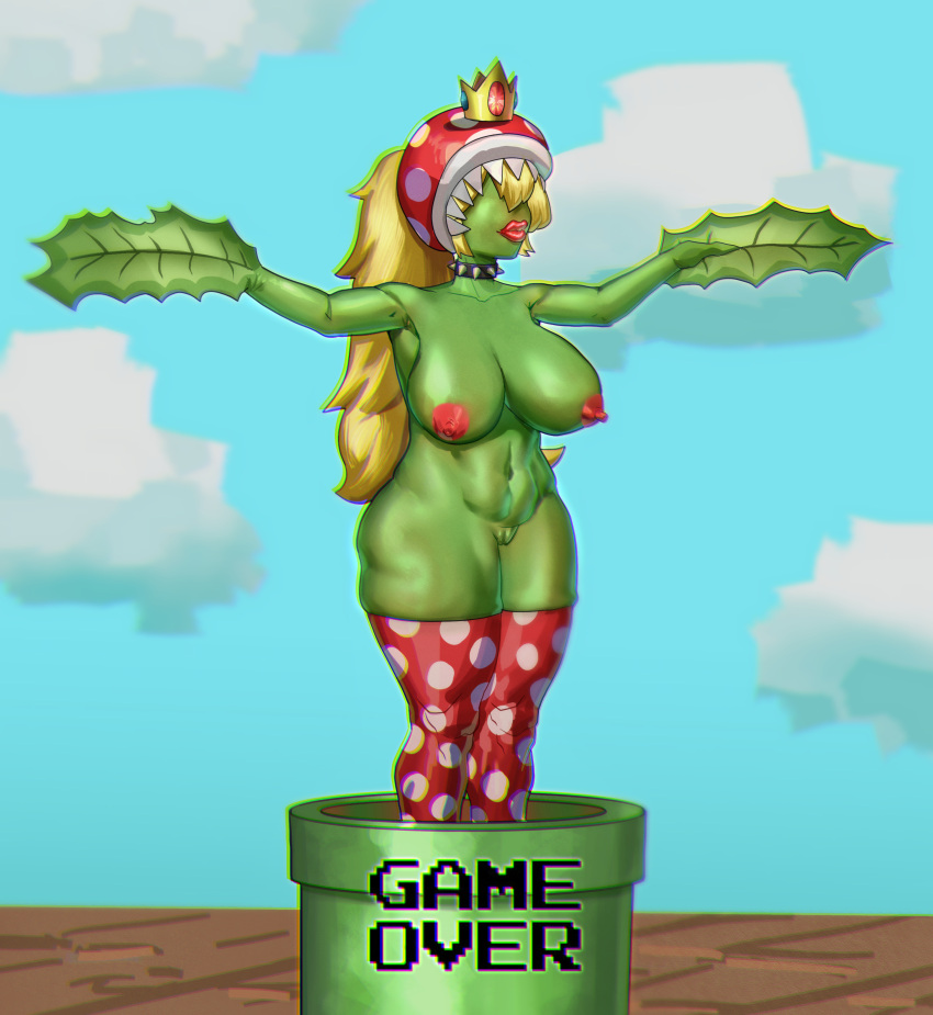 absurd_res after_transformation big_breasts big_butt blonde_hair breasts butt clothing corruption crabhorn crown defeated defeated_heroine elemental_creature elemental_humanoid female flora_fauna game_over game_over_screen gameplay_mechanics hair headgear hi_res huge_breasts huge_butt humanoid implied_transformation iranha_plant legwear lips mario_(series) mario_bros navel nintendo nipples outside pipes plant plant_humanoid plant_transformation princess_peach solo species_transformation stockings thick_lips thick_thighs transformation warp_pipe wide_hips