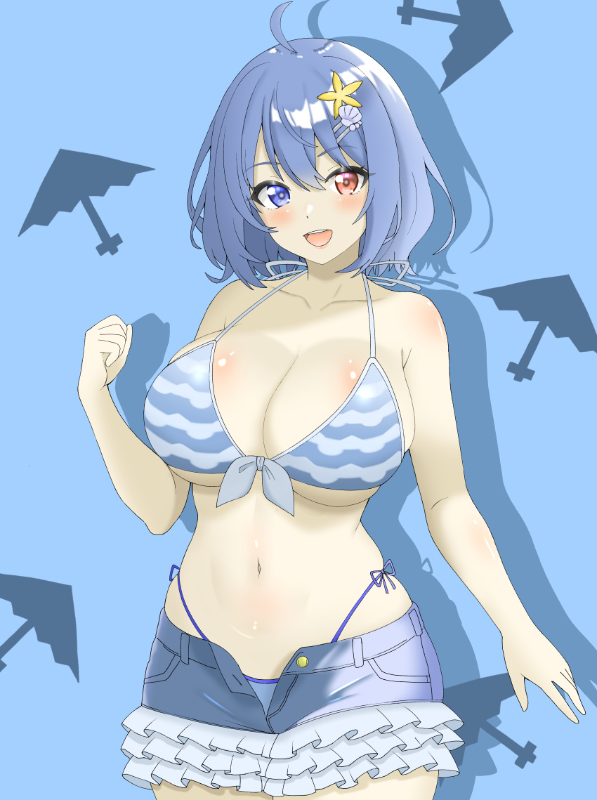 1girl :d absurdres ahoge bikini blue_background blue_bikini blue_eyes blue_hair breasts cleavage commission commissioner_upload cowboy_shot hair_ornament heterochromia highres large_breasts looking_at_viewer navel non-web_source open_mouth red_eyes shell_hair_ornament shirokumall short_hair side-tie_bikini_bottom skeb_commission smile solo star_(symbol) star_hair_ornament striped striped_bikini swimsuit tatara_kogasa teeth touhou touhou_lost_word umbrella upper_teeth_only variant_set