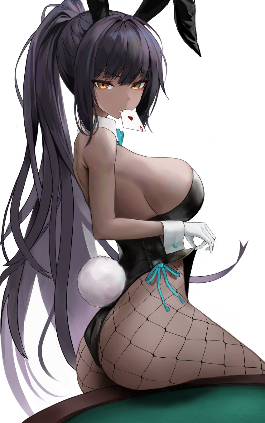 1girl absurdres animal_ears aqua_bow aqua_bowtie ass bare_shoulders black_hair blue_archive bow bowtie breasts brown_eyes card_in_mouth chanho3213 commentary dark-skinned_female dark_skin detached_collar fake_animal_ears fake_tail fishnet_pantyhose fishnets gloves highres karin_(blue_archive) karin_(bunny)_(blue_archive) large_breasts long_hair looking_at_viewer mouth_hold official_alternate_costume pantyhose playboy_bunny ponytail rabbit_ears rabbit_tail sitting solo tail white_gloves