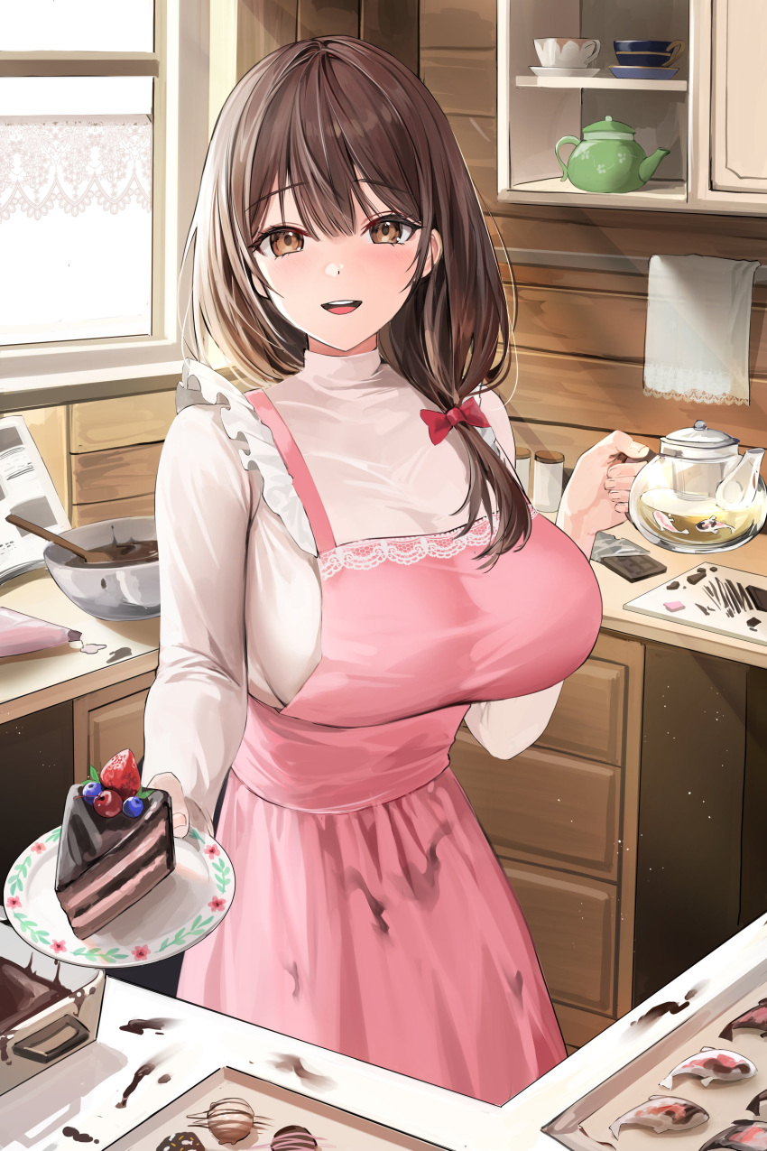 1girl absurdres apron blueberry blush bow bowl breasts brown_eyes brown_hair cake cake_slice chocolate_making commission food fruit hair_bow highres holding holding_coffee_pot holding_plate kitchen lillly long_hair long_sleeves looking_at_viewer mixing_bowl open_mouth original plate smile solo strawberry turtleneck