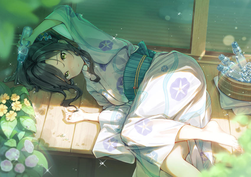 1girl absurdres architecture barefoot black_hair blurry blurry_foreground blush bottle breasts bucket chilia012 commentary_request depth_of_field east_asian_architecture floral_print highres holding holding_bottle idolmaster idolmaster_cinderella_girls japanese_clothes kimono large_breasts looking_at_viewer lying mukai_takumi on_floor on_side ramune solo white_kimono wooden_bucket