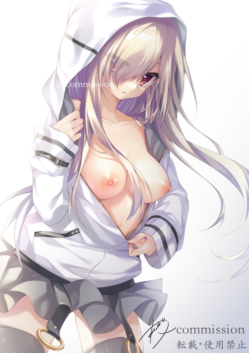 1girl 9-nine- absurdres amatsuji belt black_belt black_thighhighs blonde_hair breasts collarbone commentary_request commission cowboy_shot eyelashes eyes_visible_through_hair ghost_(9-nine-) grey_skirt hair_over_one_eye hair_over_shoulder highres hood hood_up hoodie long_hair looking_at_viewer midriff miniskirt nipples no_bra partial_commentary presenting presenting_breasts red_eyes shiny_skin signature simple_background skeb_commission skirt sleeves_past_wrists solo standing thighhighs undressing unzipping white_background white_hoodie zettai_ryouiki zipper