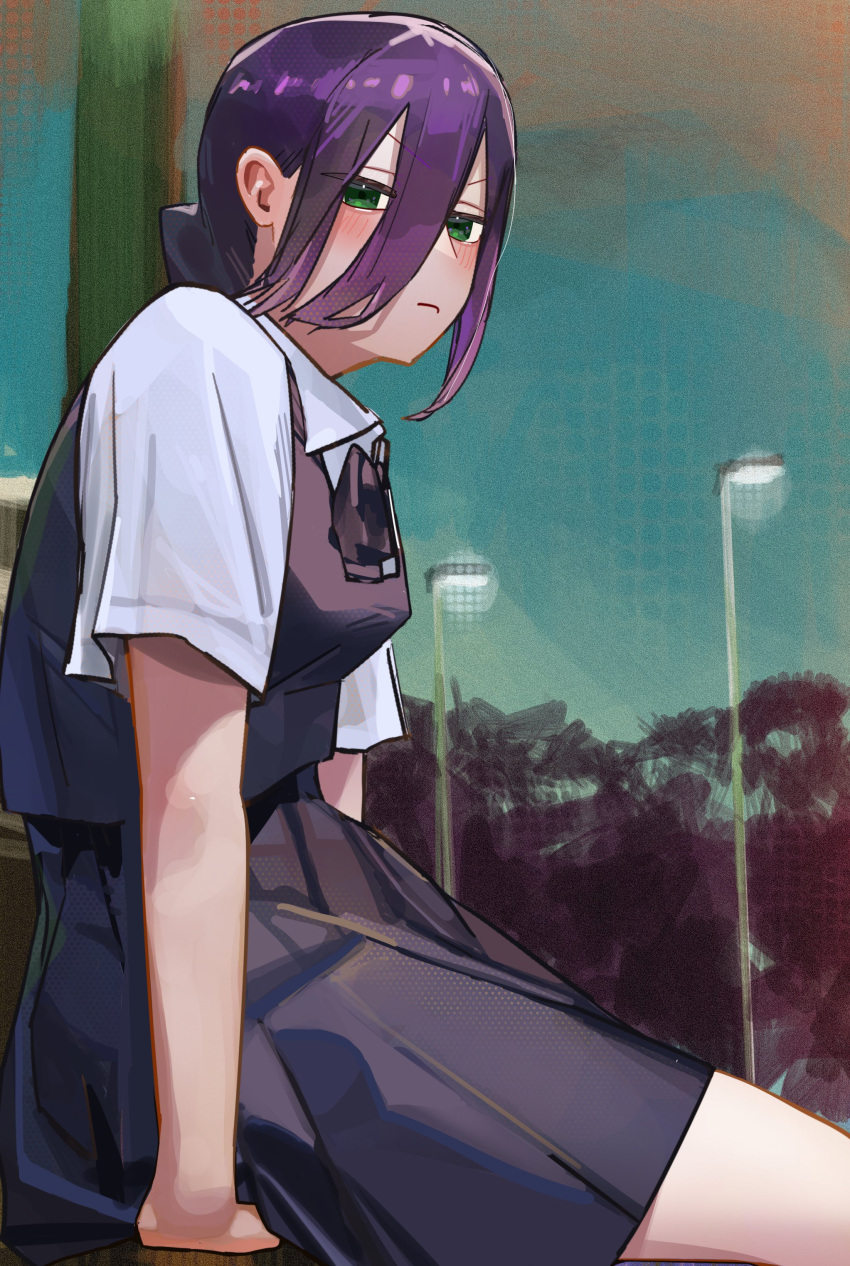 1girl absurdres black_dress blush chainsaw_man double-parted_bangs dress hair_between_eyes hands_under_legs highres looking_at_viewer looking_to_the_side outdoors pinafore_dress purple_hair reze_(chainsaw_man) school_uniform shirt short_sleeves sitting sleeveless sleeveless_dress solo v-shaped_eyebrows white_shirt yu_ni_taro
