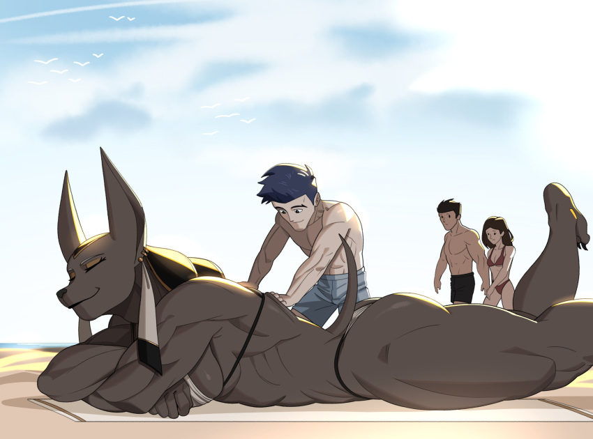 anput anthro anubian_jackal beach beach_blanket canid canine canis duo egyptian_mythology female hi_res human humanoid jackal male male/female mammal middle_eastern_mythology monsterdude15 muscular muscular_anthro muscular_female mythology seaside