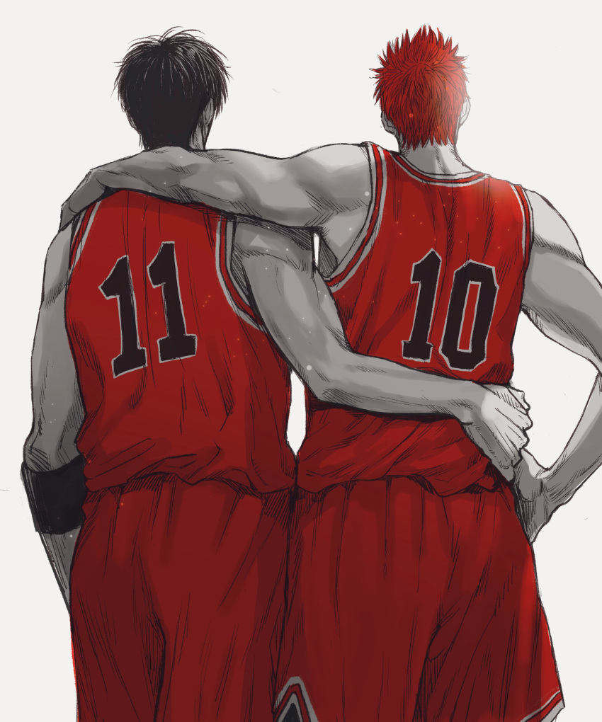 2boys absurdres armband back back_focus basketball_jersey basketball_uniform black_armband black_hair cowboy_shot grey_background greyscale hand_on_another's_shoulder hand_on_another's_waist hand_on_own_hip highres male_focus marukome0816 monochrome multiple_boys red_hair red_shorts red_tank_top rukawa_kaede sakuragi_hanamichi short_hair shorts simple_background slam_dunk_(series) sportswear spot_color tank_top toned toned_male