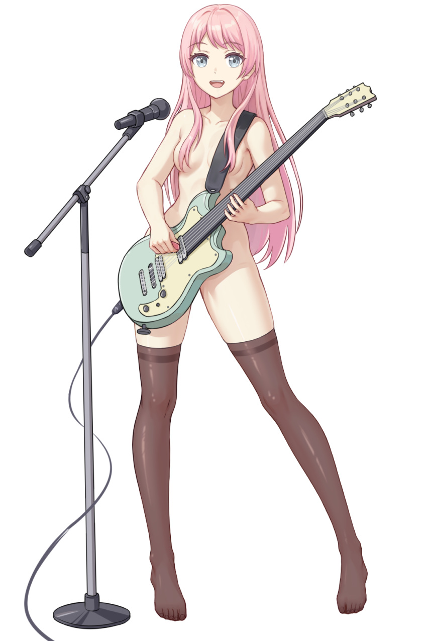 1girl :d bang_dream! bang_dream!_it's_mygo!!!!! barefoot blue_eyes brown_thighhighs chihaya_anon collarbone commentary_request da_akana_xiv full_body hair_over_eyes highres holding holding_instrument instrument long_hair looking_at_viewer microphone microphone_stand music nude open_mouth pink_hair playing_instrument simple_background smile solo standing teeth thighhighs thighs toenails toes upper_teeth_only white_background