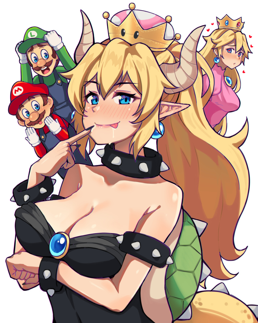 2boys 2girls :p absurdres arm_under_breasts armlet bare_shoulders black_nails blonde_hair blue_eyes blush bowsette bracelet breasts brooch brown_hair can't_be_this_cute cleavage closed_mouth collar collarbone cow crown curled_horns dress drooling ear_blush earrings facial_hair finger_to_mouth fingernails furrowed_brow gloves hair_between_eyes hand_up hat heart heart-shaped_pupils height_difference high_ponytail highres horns jewelry large_breasts leaning_forward leaning_to_the_side long_hair long_sleeves looking_at_another looking_at_viewer luigi mario mario_(series) moumoonke multiple_boys multiple_girls mustache new_super_mario_bros._u_deluxe nose_blush open_mouth overalls pointy_ears princess_peach sharp_fingernails short_hair simple_background smile spiked_armlet spiked_bracelet spiked_collar spiked_shell spiked_tail spikes strapless strapless_dress super_crown sweater symbol-shaped_pupils tail tongue tongue_out turtle_shell white_background yuri