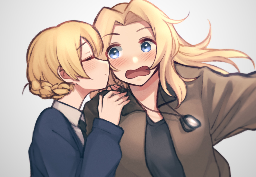 2girls absurdres black_necktie black_tank_top blonde_hair blue_eyes blue_sweater blush braid brown_jacket closed_eyes collared_shirt commentary_request darjeeling_(girls_und_panzer) dog_tags dress_shirt french_braid girls_und_panzer grey_background hands_on_another's_shoulder highres jacket kay_(girls_und_panzer) long_hair long_sleeves looking_at_another m1saki_1 multiple_girls necktie open_mouth saunders_military_uniform school_uniform shirt short_hair simple_background smile st._gloriana's_school_uniform sweater tank_top uniform upper_body v-neck white_shirt wing_collar yuri