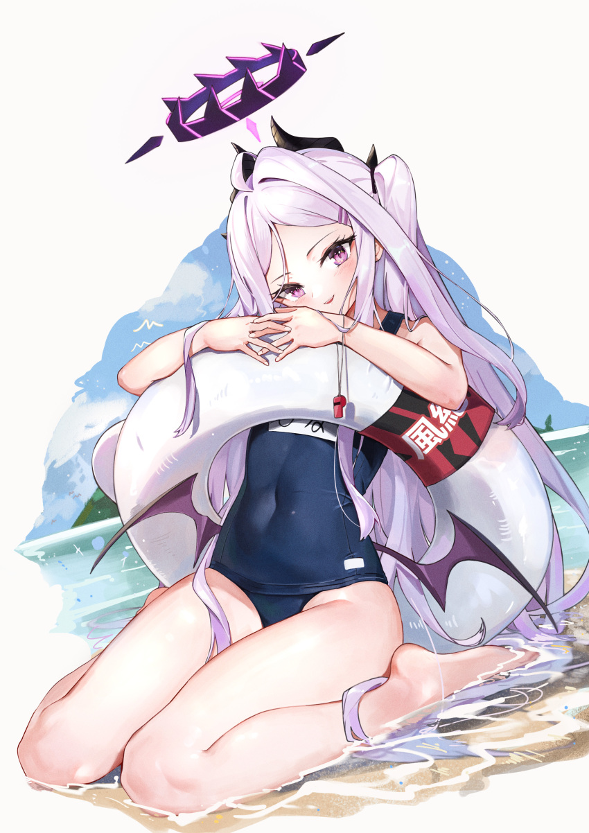 1girl absurdres ahoge bare_legs barefoot beach blue_archive commentary_request demon_girl demon_horns demon_wings forehead groin hair_ornament hairclip halo head_rest head_tilt highres hina_(blue_archive) hina_(swimsuit)_(blue_archive) horns in_water long_hair looking_at_viewer name_tag ocean old_school_swimsuit one_side_up purple_eyes school_swimsuit sidelocks sitting sleeveless solo swimsuit wariza wet wet_clothes wet_swimsuit whistle whistle_around_neck white_hair wings zarsy