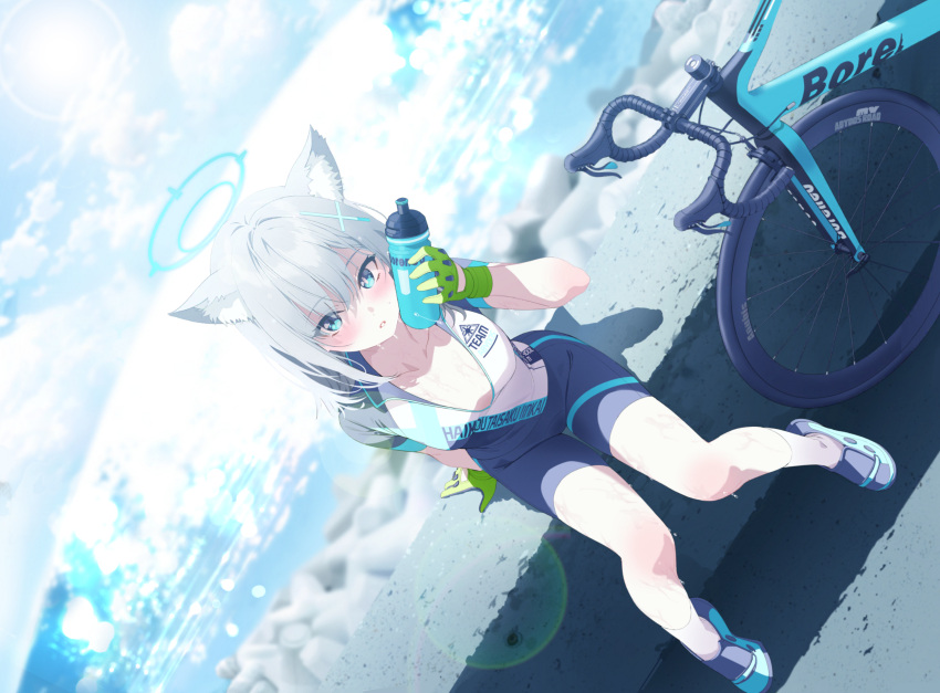 1girl absurdres animal_ear_fluff animal_ears artist_request bicycle bike_jersey bike_shorts biker_clothes blue_archive blue_eyes blue_footwear blue_halo blue_sky blush bottle breasts bright_pupils cleavage collarbone cross cross_hair_ornament cycling_uniform day extra_ears game_cg gloves green_gloves grey_hair hair_ornament halo hand_up highres holding holding_bottle inverted_cross lens_flare looking_at_viewer medium_hair mismatched_pupils non-web_source ocean official_alternate_costume official_art road_bicycle shiroko_(blue_archive) shiroko_(cycling)_(blue_archive) sitting_on_rock sky small_breasts socks solo sweat thigh_gap two-tone_gloves water_bottle white_pupils white_socks wolf_ears