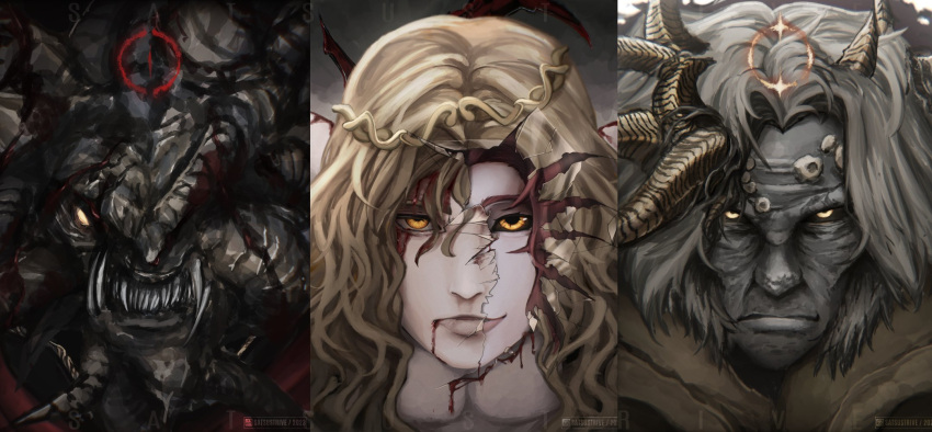 1girl 2023 3boys artist_name asymmetrical_horns black_knife_(elden_ring) black_sclera black_skin blonde_hair blood blood_from_mouth blood_on_face brother_and_sister brothers colored_sclera colored_skin crack crown elden_ring godwyn_the_golden great_rune_(elden_ring) grey_skin highres horns lunar_princess_ranni medium_hair mohg_lord_of_blood monster morgott_the_omen_king multiple_boys one-eyed red_hair rune_of_death satsu-strive sharp_teeth siblings smile teeth white_hair yellow_eyes