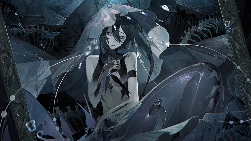 1girl absurdres arm_strap artist_request bare_shoulders black_hair breast_curtains bridal_veil colored_skin grey_eyes grey_skin hair_between_eyes highres lamia_(punishing:_gray_raven) mechanical_arms mermaid midriff monster_girl official_alternate_costume parted_lips punishing:_gray_raven ringed_eyes short_hair_with_long_locks solo third-party_source underwater veil
