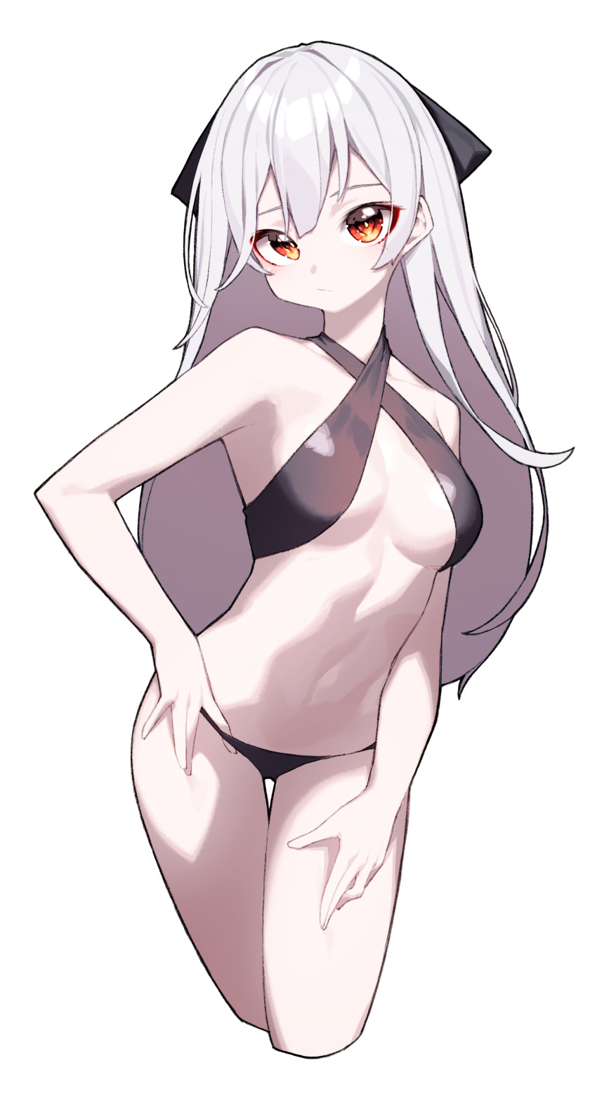 1girl absurdres albino bare_shoulders beudelb bikini black_bikini breasts cleavage closed_mouth cropped_legs hand_on_own_hip highres looking_at_viewer medium_breasts navel original red_eyes simple_background stomach swimsuit thigh_gap white_background white_hair