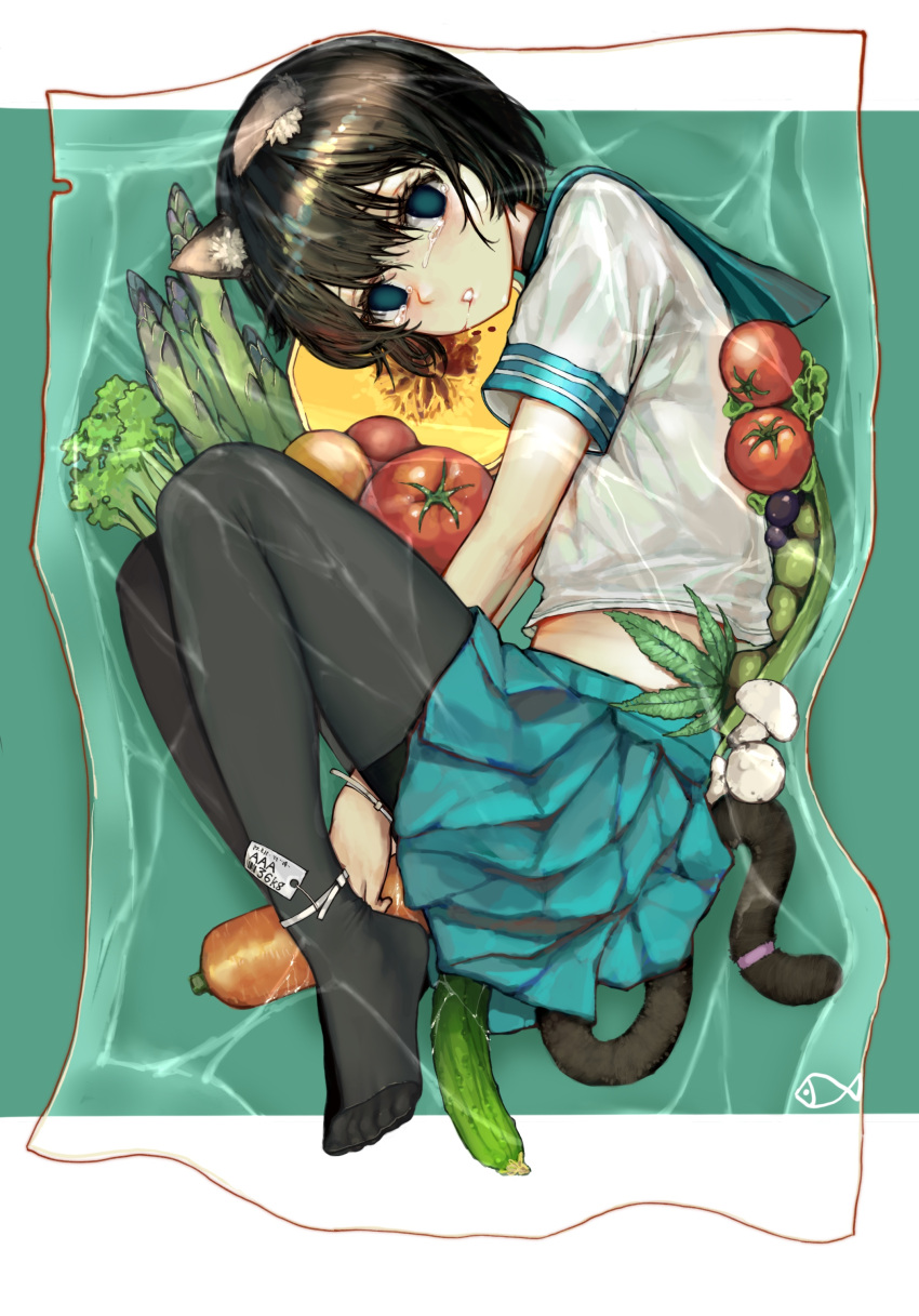 1girl absurdres animal_ear_fluff animal_ears asparagus asphyxiation between_legs black_hair black_pantyhose blue_eyes blue_sailor_collar blue_skirt blush cable_tie carrot cat_ears cat_girl cat_tail commentary corpse crying crying_with_eyes_open cucumber death drooling empty_eyes food full_body green_background highres iuui looking_at_viewer midriff no_shoes object_insertion original pantyhose pleated_skirt pussy_juice restrained sailor_collar school_uniform serafuku shirt short_hair skirt solo symbol-only_commentary tail tears tomato two-tone_background vacuum_bed variant_set vegetable white_background white_shirt