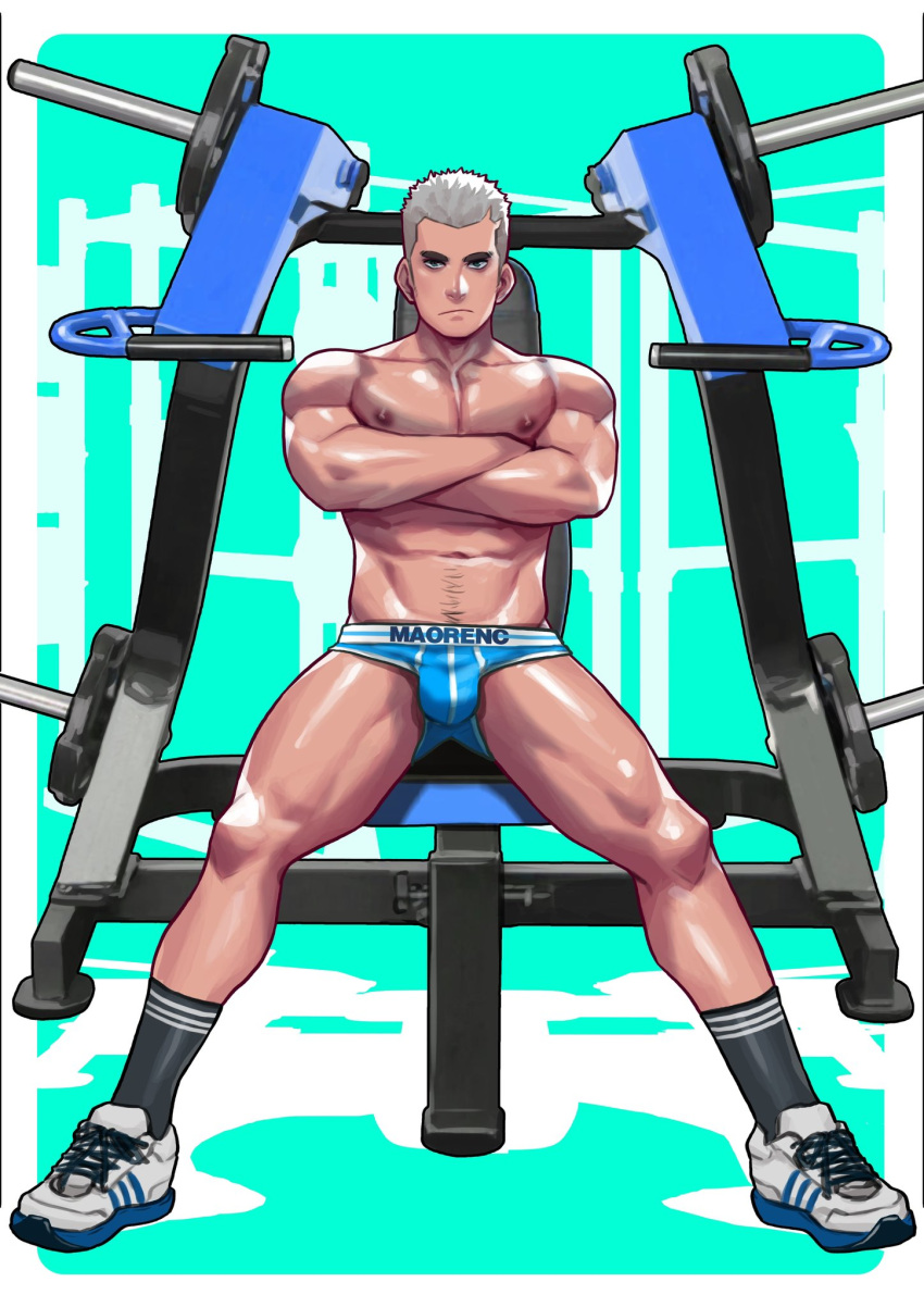 1boy abs bara black_socks blue_male_underwear border closed_mouth crossed_arms full_body green_background gym highres light_frown looking_at_viewer male_focus male_underwear maorenc multiple_boys muscular muscular_male navel_hair nipples original pectorals shoes short_hair socks solo underwear white_border white_footwear white_hair