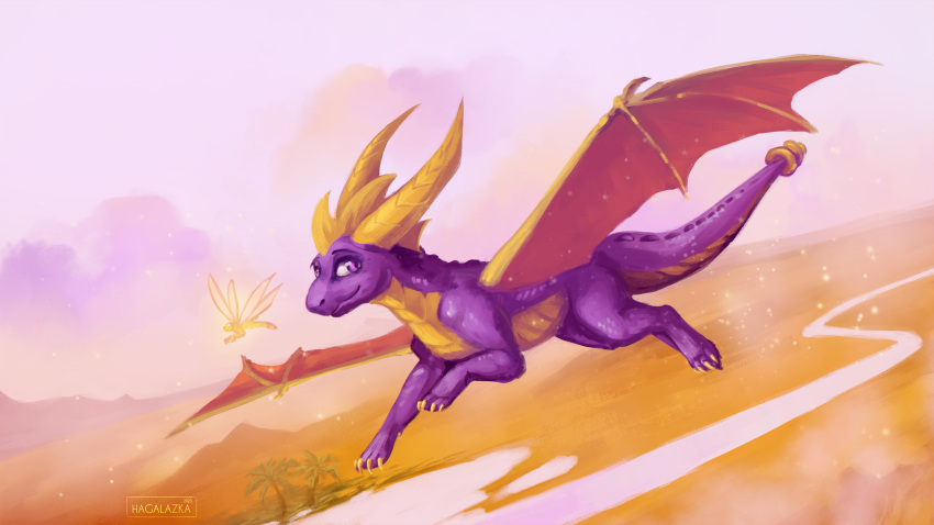 &lt;3 activision claws cloud dragon feral flying glitter hagalazka hi_res horn male oasis purple_body purple_eyes river solo spread_wings spyro spyro_reignited_trilogy spyro_the_dragon sunset wings yellow_claws yellow_horn