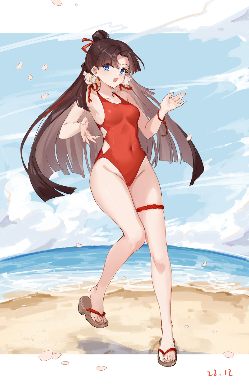 1girl absurdres bare_shoulders barefoot beach blue_eyes blue_sky breasts brown_hair cloud covered_navel day earrings ejieaa enmusubi_no_kami_(onmyoji) feet flower full_body hair_bun hair_flower hair_ornament highres jewelry legs long_hair looking_at_viewer ocean one-piece_swimsuit onmyoji open_mouth outdoors petals red_one-piece_swimsuit ribbon sand sandals single_hair_bun sky smile solo standing swimsuit water