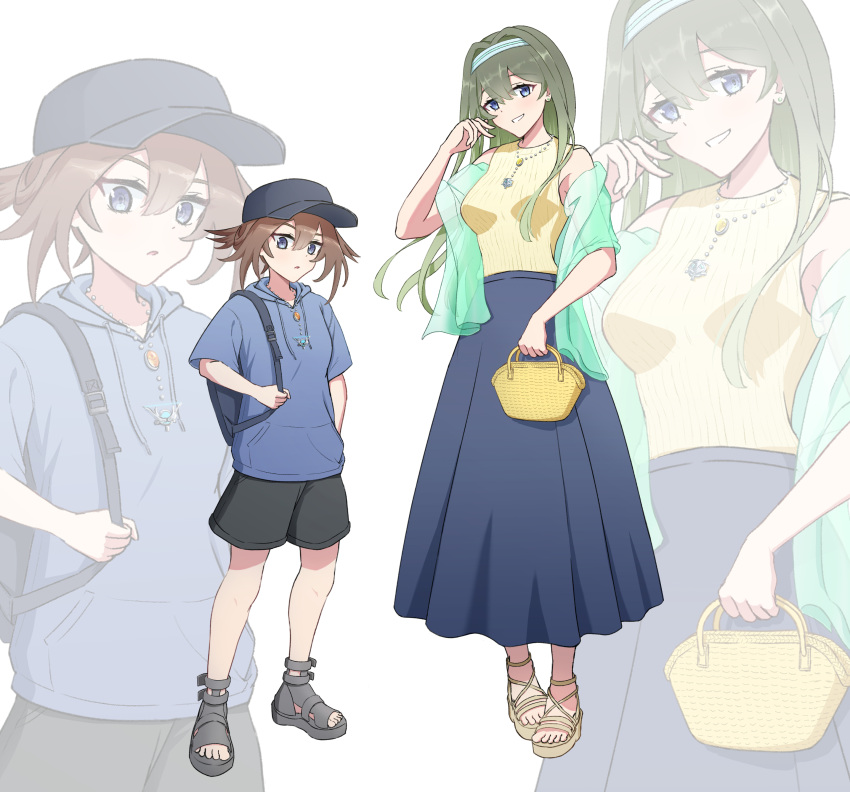 2girls absurdres alternate_costume bag blue_eyes blue_sky brown_hair casual duel_monster exosister_irene exosister_sophia green_hair hairband hand_in_pocket hat head_tilt height_difference highres holding holding_bag hood hoodie jacket jewelry kyrion long_hair long_skirt medium_hair multiple_girls necklace open_clothes open_jacket see-through see-through_jacket short_sleeves skirt sky sleeveless sleeveless_sweater smile sweater toeless_footwear yellow_sweater yu-gi-oh!