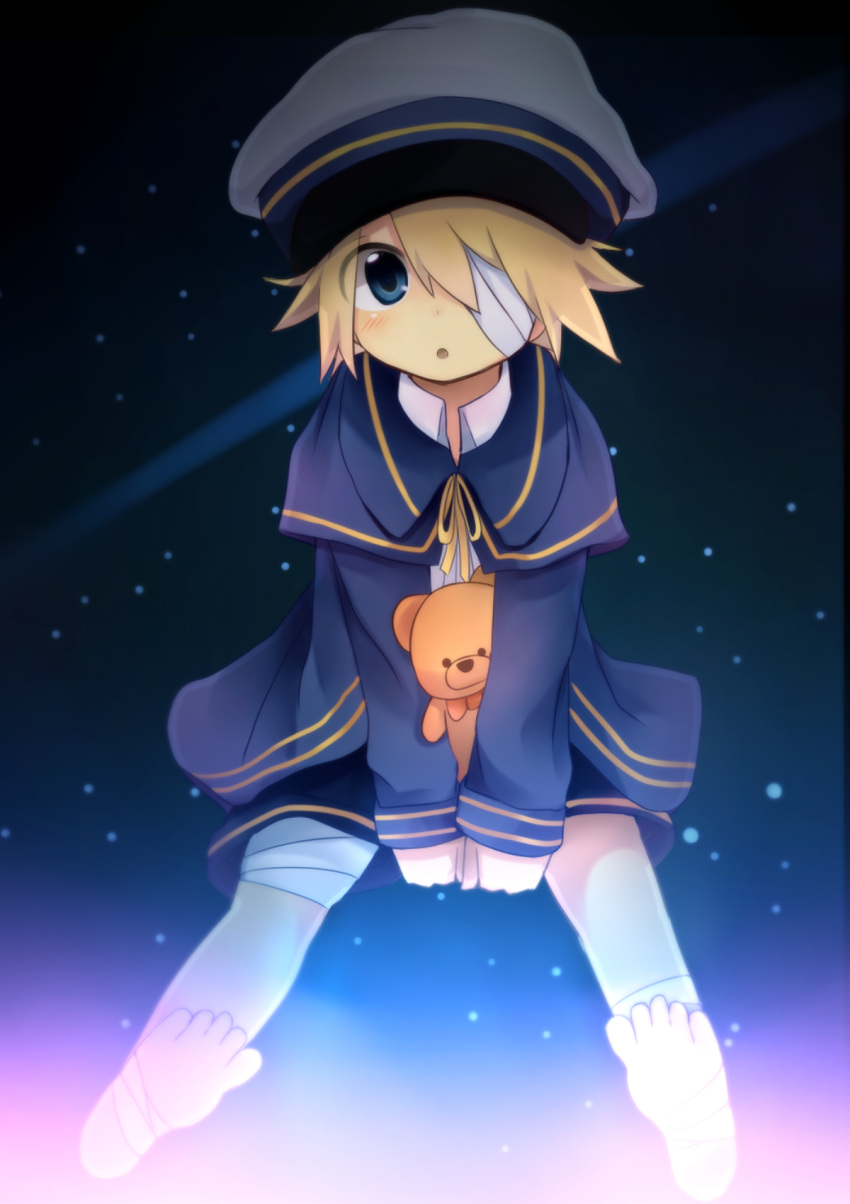 1boy :o bandage_on_leg bandage_on_thigh bandage_over_one_eye bandages barefoot blonde_hair blue_coat blue_eyes blue_serafuku blue_shorts child coat collared_shirt glowing hands_on_lap hat highres holding holding_stuffed_toy long_sleeves male_child male_focus meranoreuka_(naokentak) night night_sky oliver_(vocaloid) open_mouth ribbon sailor sailor_hat school_uniform serafuku shirt shooting_star short_hair shorts sitting sky solo star_(sky) starry_sky stuffed_animal stuffed_toy teddy_bear vocaloid white_shirt yellow_ribbon