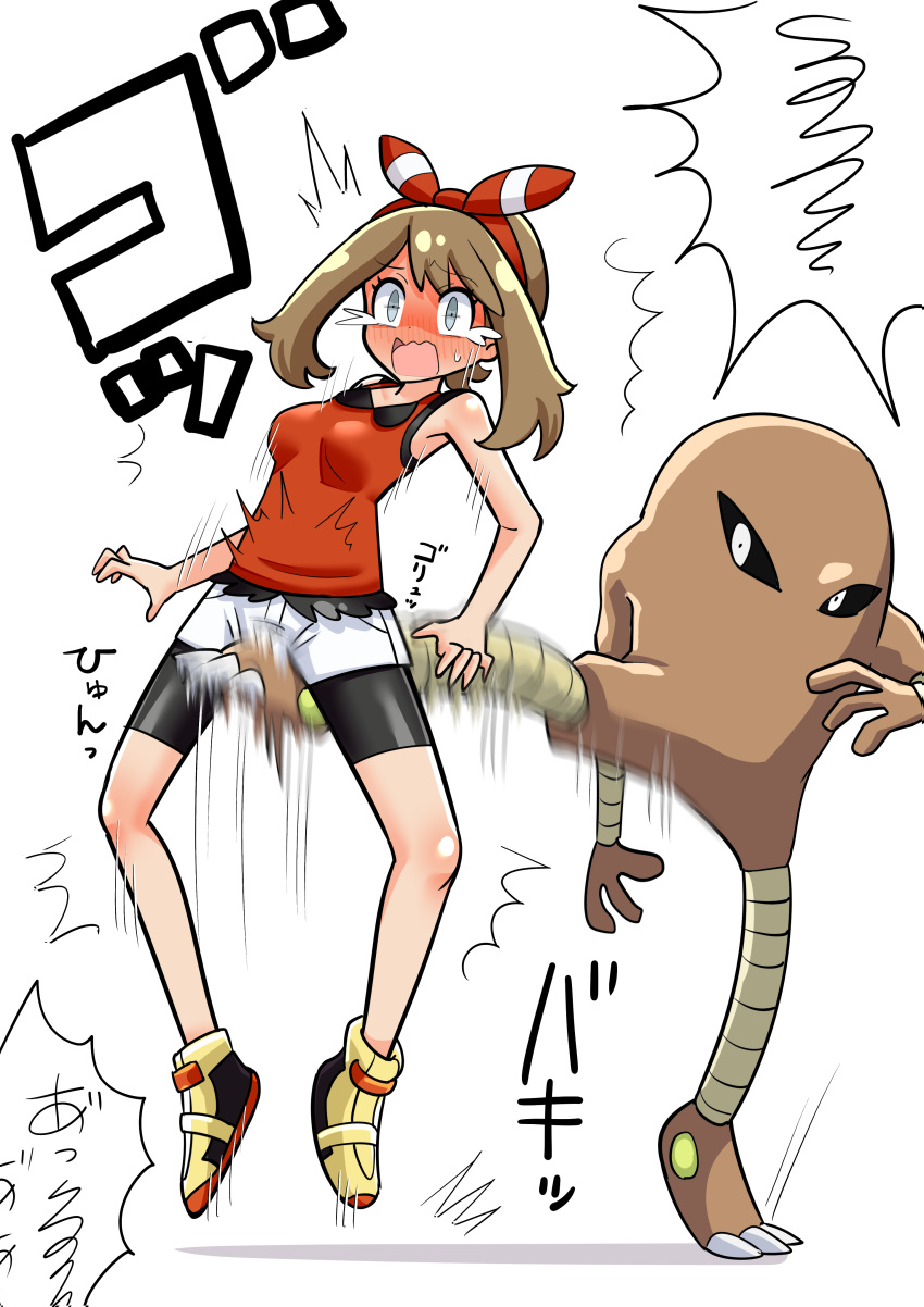 1girl absurdres bare_arms bike_shorts bike_shorts_under_shorts blush bow_hairband breasts brown_hair commentary_request full-face_blush grey_eyes hairband highres hitmonlee kicking knees may_(pokemon) medium_hair motion_lines open_mouth pokemon pokemon_(creature) pokemon_(game) pokemon_oras raised_eyebrow red_hairband ryona shirt shoes shorts sleeveless sleeveless_shirt spread_legs sweatdrop tearing_up tororonoyama translation_request white_background white_shorts yellow_footwear