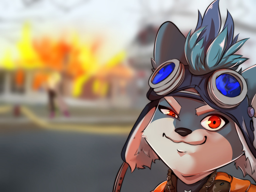 4:3 anthro black_nose blue_body blue_fur brewster_(dislyte) building canid canine canis clothing detailed_background digital_drawing_(artwork) digital_media_(artwork) dislyte domestic_dog eyewear fire_engine fur goggles hair house looking_at_viewer lukiro male mammal meme multicolored_body multicolored_fur red_eyes smile smug solo truck_(vehicle) vehicle