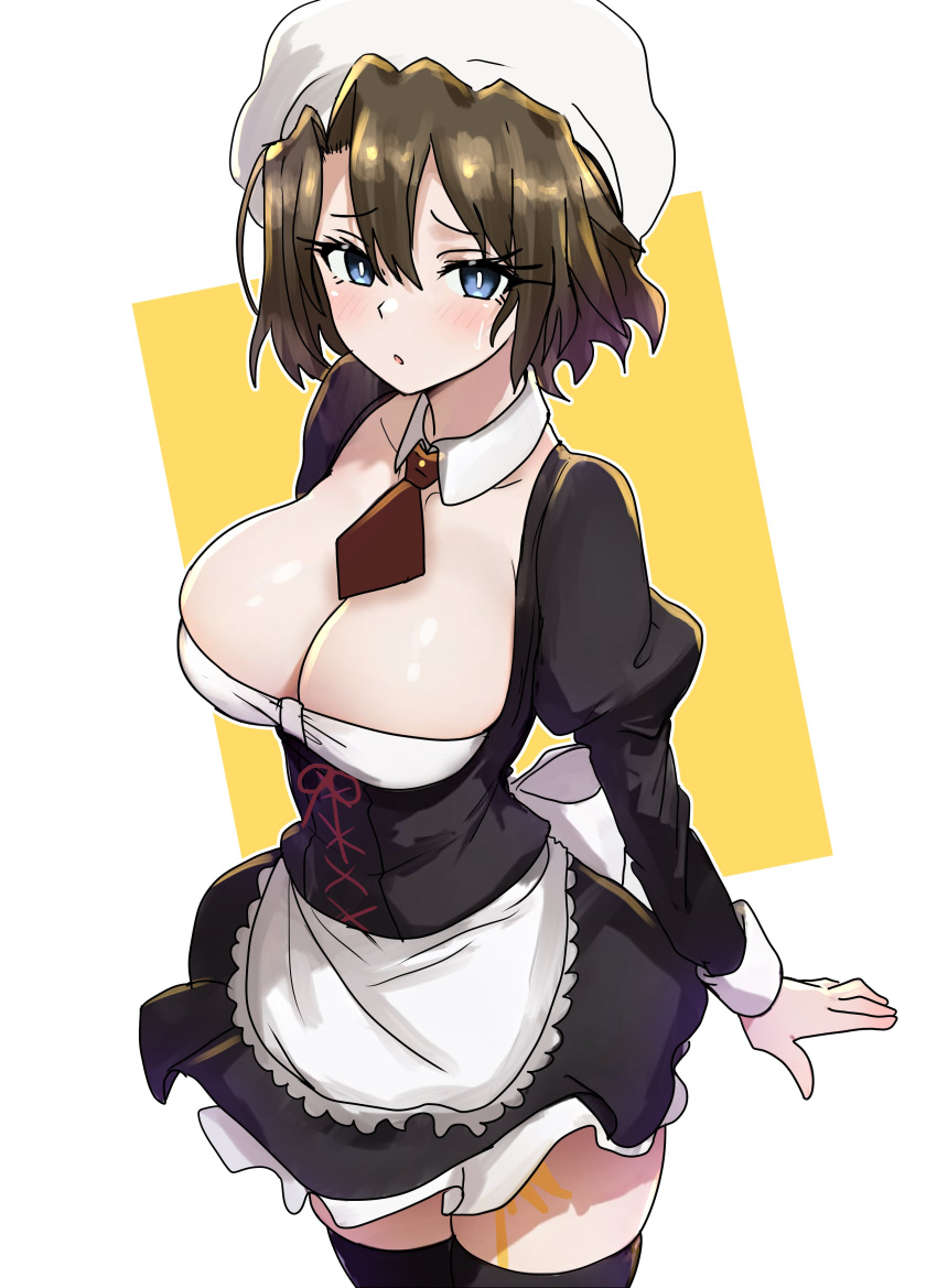 1girl absurdres apron beret black_thighhighs blue_eyes blush breasts bright_pupils brown_hair cleavage detached_collar ebora hat highres large_breasts leg_tattoo looking_at_viewer maid maid_apron necktie red_necktie shannon_(umineko) short_hair solo sweatdrop tattoo thighhighs umineko_no_naku_koro_ni white_headwear white_pupils