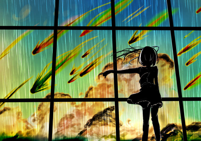1girl bomb explosion explosive feet_out_of_frame fujiiropen highres missiles original pointing pointing_to_the_side short_hair silhouette skirt solo war