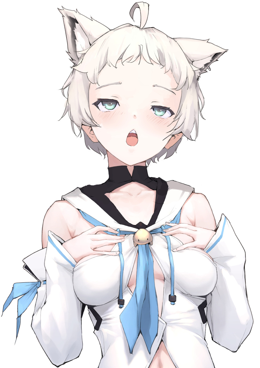 1girl ahoge animal_ear_fluff animal_ears blue_neckerchief breasts cleavage_cutout clothing_cutout detached_sleeves fox_ears fox_girl hand_on_breasts hand_on_own_chest highres hololive hololive_gamers medium_breasts mitsuru_(pixiv_34028718) neckerchief open_mouth shirakami_fubuki shirakami_fubuki_(1st_costume) short_hair simple_background virtual_youtuber white_hair