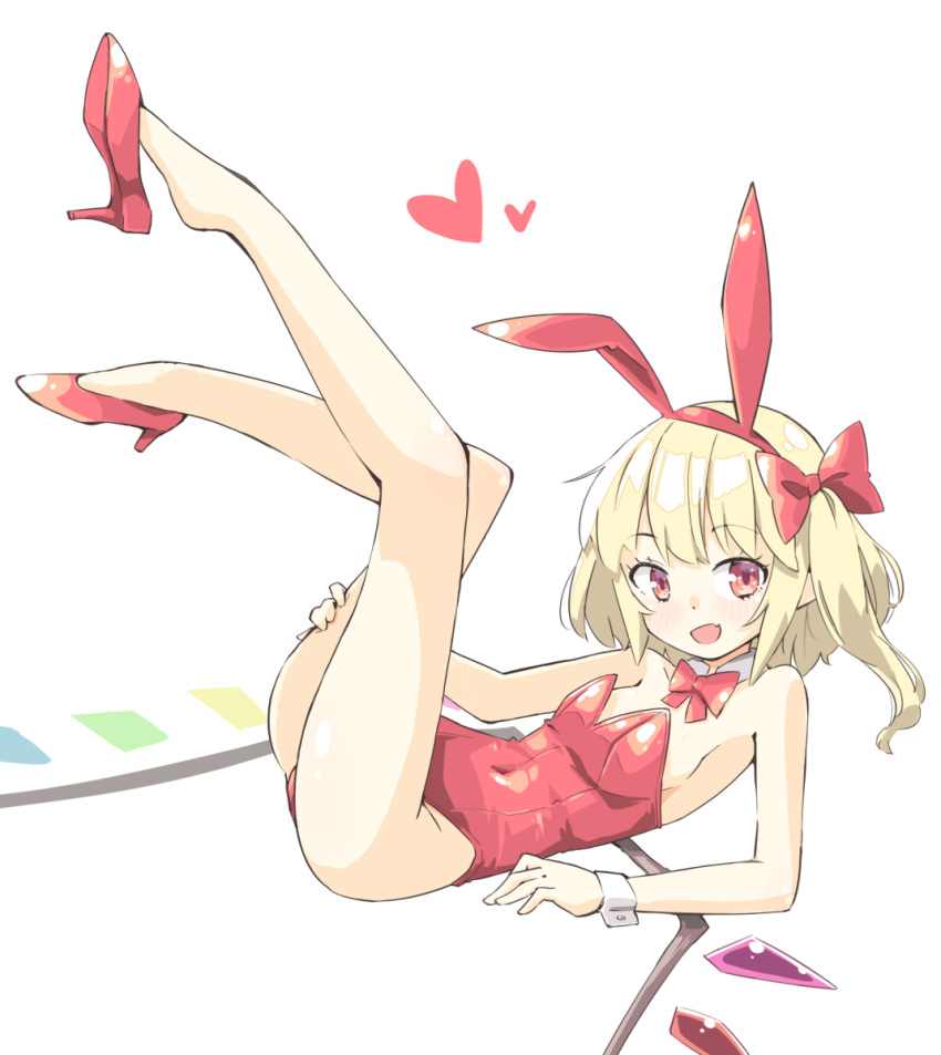 1girl :d animal_ears armpit_crease arnest bare_arms bare_legs bare_shoulders blonde_hair bow bowtie collarbone costume covered_navel crystal detached_collar dot_nose elbow_rest fang feet_up flandre_scarlet full_body groin hair_bow hairband hand_on_own_thigh heart high_heels highres legs leotard light_blush long_hair looking_at_viewer looking_to_the_side no_socks one_side_up plantar_flexion playboy_bunny pumps rabbit_ears red_bow red_bowtie red_eyes red_footwear red_hairband red_leotard shiny_skin shoe_dangle shoe_soles shoes simple_background skin_fang smile solo strapless strapless_leotard touhou white_background wings wrist_cuffs