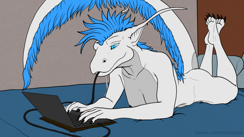 anthro bedroom breasts carnivore christa_(rebeldragon101) computer dragon endoscope endosoma fangs female hi_res internal_camera laptop nude object_vore rebeldragon101 snapchat solo teasing teeth toy vore vorny