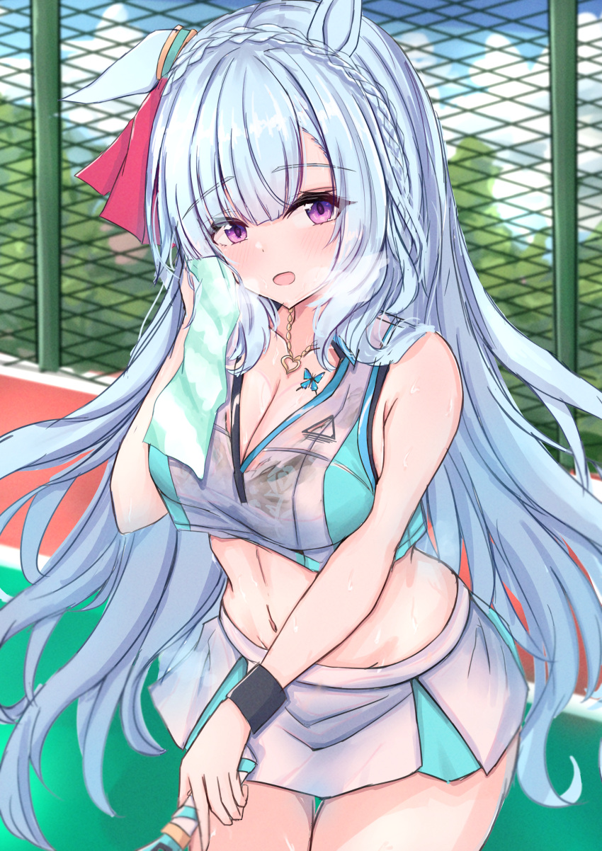 1girl :o absurdres animal_ears azur_lane bare_shoulders black_bra blue_hair blue_sky blush bra bra_visible_through_clothes braid breasts bremerton_(azur_lane) bremerton_(azur_lane)_(cosplay) bremerton_(scorching-hot_training)_(azur_lane) butterfly_tattoo cdsola chain-link_fence chest_tattoo cleavage cloud collarbone commentary_request commission cosplay cowboy_shot crop_top crown_braid day ear_ornament ear_ribbon fence green_skirt groin heart heart_necklace highres holding holding_racket holding_towel horse_ears horse_girl horse_tail jewelry long_hair looking_at_viewer medium_breasts mejiro_ardan_(umamusume) midriff navel necklace open_mouth pixiv_commission purple_eyes racket see-through shirt sidelocks skirt sky sleeveless sleeveless_shirt solo sportswear standing sweat tail tattoo tennis_court tennis_racket tennis_uniform towel two-tone_shirt two-tone_skirt umamusume underwear wet wet_clothes wet_shirt white_shirt white_skirt wristband