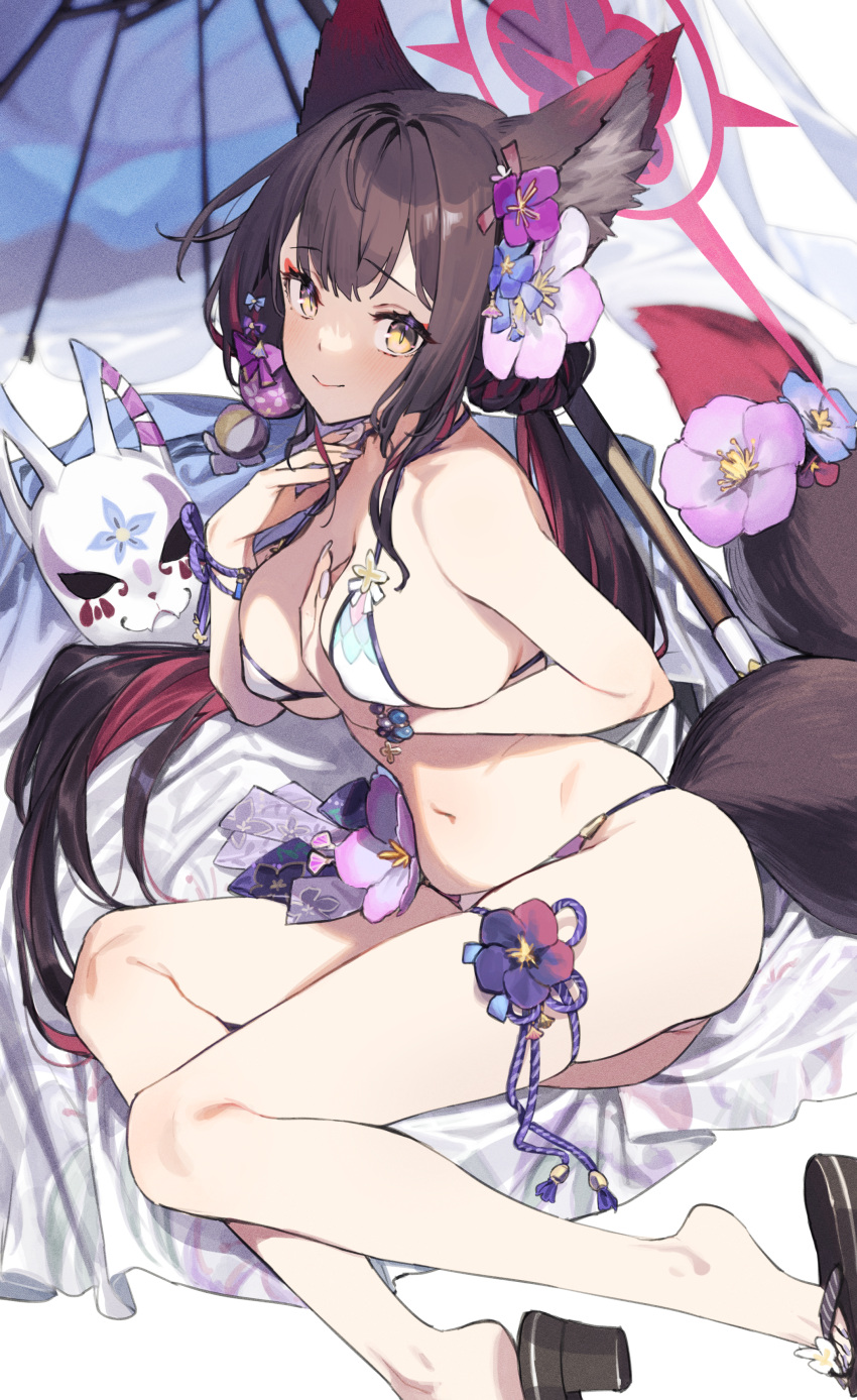 1girl 92m absurdres animal_ear_fluff animal_ears beach_umbrella bikini black_hair blue_archive breasts cleavage colored_inner_hair flower fox_ears fox_girl fox_mask fox_tail hair_flower hair_ornament halo highres large_breasts long_hair looking_at_viewer mask multicolored_hair navel official_alternate_costume oil-paper_umbrella parasol red_hair sideboob smile solo stomach swimsuit tail thigh_strap two-tone_hair umbrella wakamo_(blue_archive) wakamo_(swimsuit)_(blue_archive) white_bikini yellow_eyes