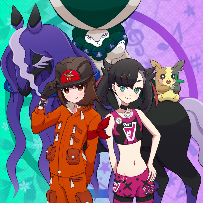 2girls absurdres bare_arms black_choker black_hair calyrex choker closed_mouth commentary_request dynamax_band expedition_uniform eyelashes gloria_(pokemon) gloves green_eyes hair_ribbon hand_on_headwear hand_on_own_hip helmet highres jacket leggings marnie_(pokemon) midriff morpeko morpeko_(full) multiple_girls navel orange_jacket orange_pants pants pokemon pokemon_(creature) pokemon_(game) pokemon_swsh ribbon smile spectrier sports_bra twintails yuu_(jgvj7873)