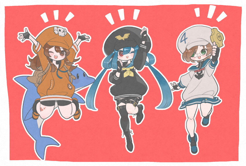 2tsubu 3girls april_(guilty_gear) asymmetrical_legwear black_gloves black_jacket black_thighhighs blue_hair border brown_hair cabbie_hat cheering dizzy_(guilty_gear) dolphin fingerless_gloves full_body glasses gloves green_eyes guilty_gear guilty_gear_strive hair_between_eyes hands_up hat heart heart_tattoo highres jacket jumping leg_up long_hair long_sleeves may_(guilty_gear) mr._dolphin_(guilty_gear) multiple_girls one_eye_closed open_mouth orange_jacket pirate red_background red_eyes short_hair simple_background skull_and_crossbones tattoo thigh_strap thighhighs thighs twintails white_border white_jacket