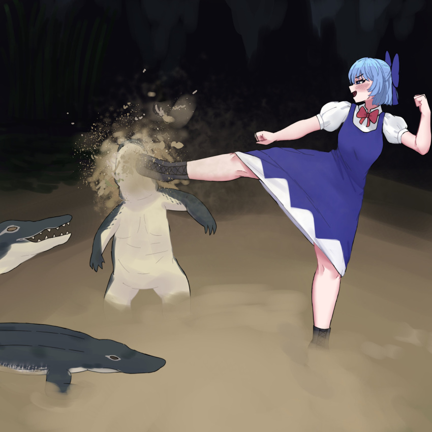 1girl absurdres ai-generated_art_(topic) alligator alligator_kick_(meme) blue_dress blue_eyes blue_hair cirno collared_shirt commentary crocodilian dress english_commentary fighting_stance full_body highres in_the_face kicking meme neck_ribbon omikami open_mouth pinafore_dress puffy_short_sleeves puffy_sleeves red_ribbon ribbon shirt shoes short_hair short_sleeves sleeveless sleeveless_dress smile solo standing standing_on_one_leg touhou white_shirt